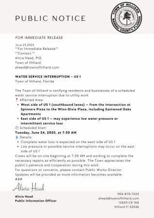 PUBLIC NOTICE- WATER SERVICE INTERRUPTION – US 1